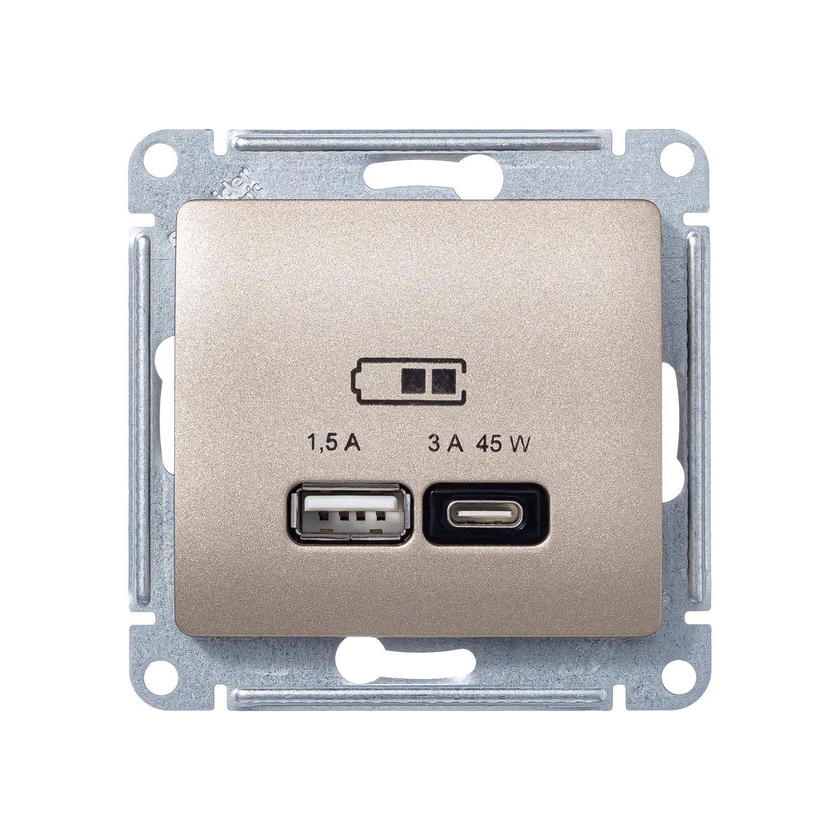  артикул GSL000429 название Розетка USB 2-ая Тип А+С 45 Вт (для подзарядки) , Титан, серия Glossa, Schneider Electric
