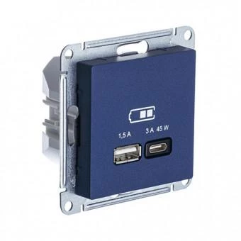  артикул ATN001129 название Розетка USB 2-ая Тип А+С 45 Вт (для подзарядки) , Аквамарин, серия Atlas Design, Schneider Electric