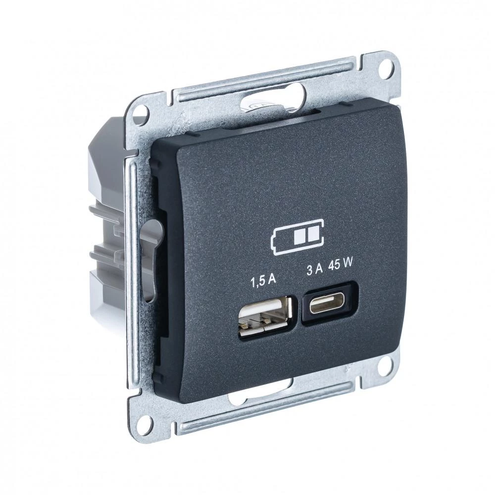  артикул GSL000729 название Розетка USB 2-ая Тип А+С 45 Вт (для подзарядки) , Антрацит, серия Glossa, Schneider Electric