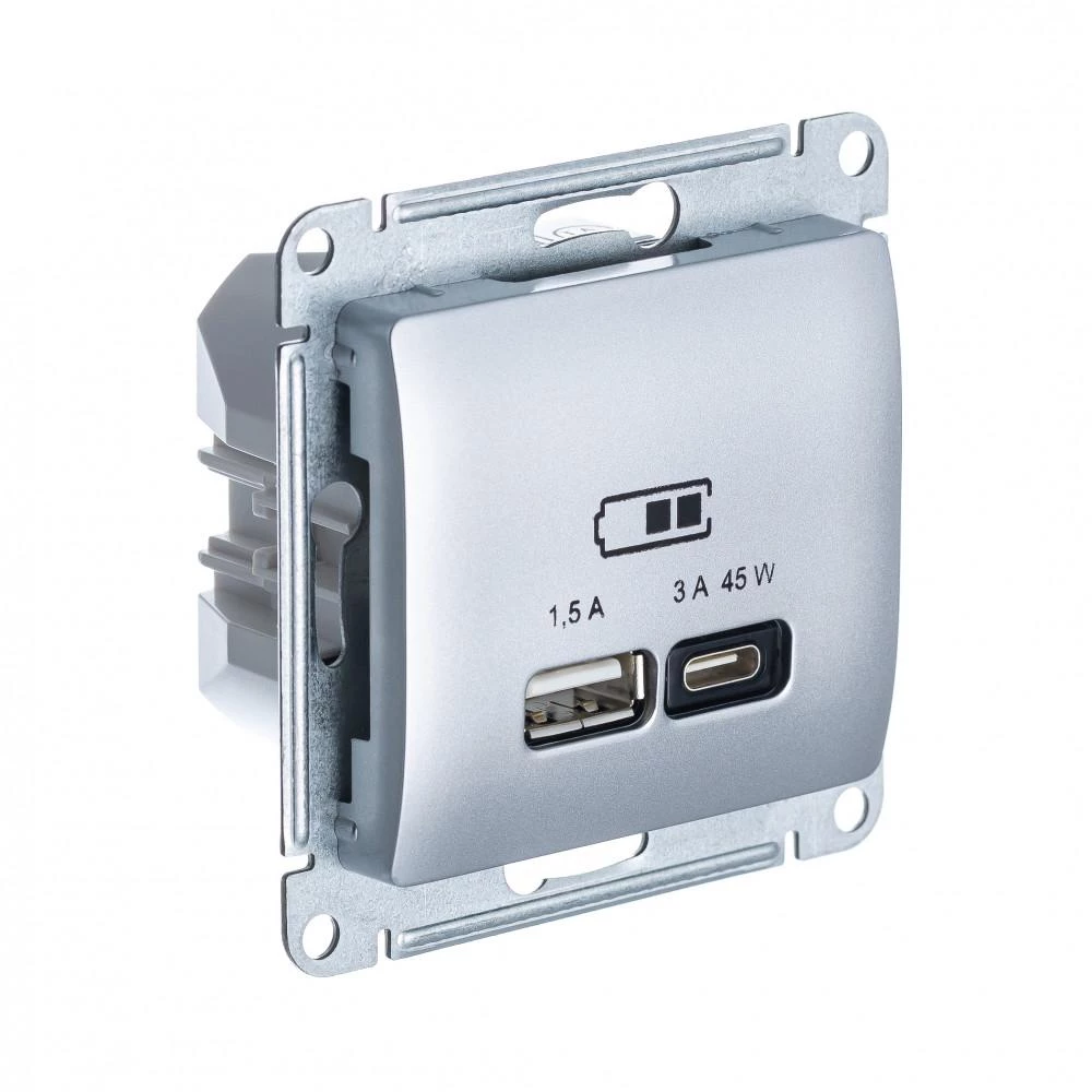  артикул GSL000329 название Розетка USB 2-ая Тип А+С 45 Вт (для подзарядки) , Алюминий, серия Glossa, Schneider Electric