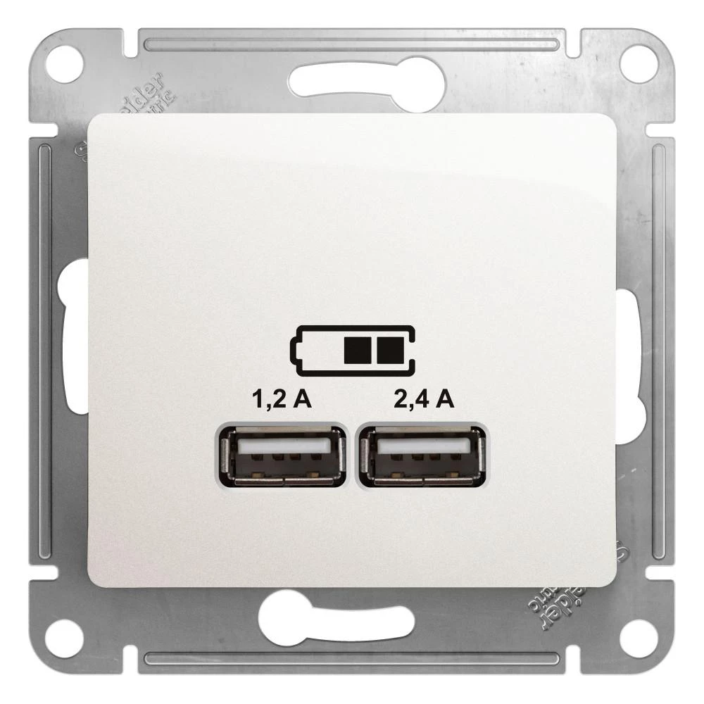  артикул GSL000639 название Розетка USB 2-ая Тип А+С, 2400 мА (для подзарядки) , Перламутр, серия Glossa, Schneider Electric