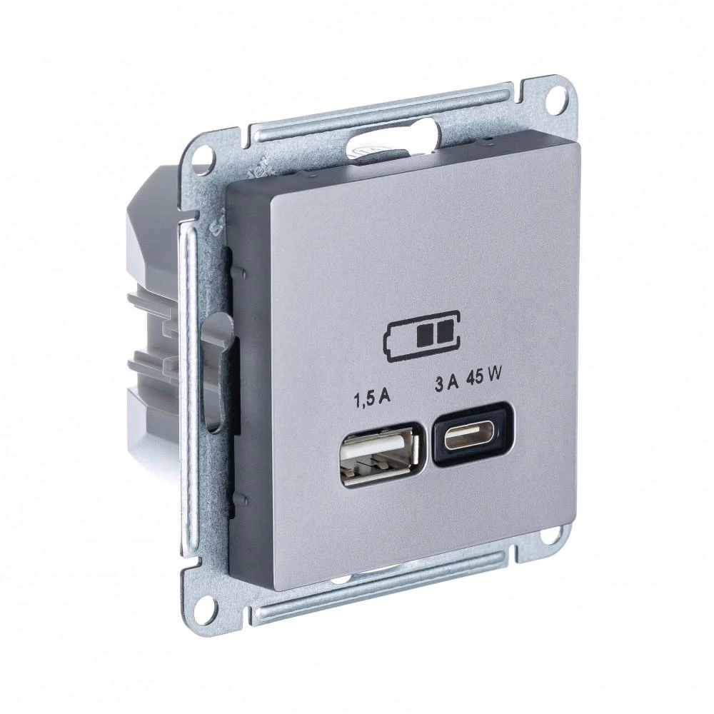  артикул ATN000929 название Розетка USB 2-ая Тип А+С 45 Вт (для подзарядки) , Сталь, серия Atlas Design, Schneider Electric
