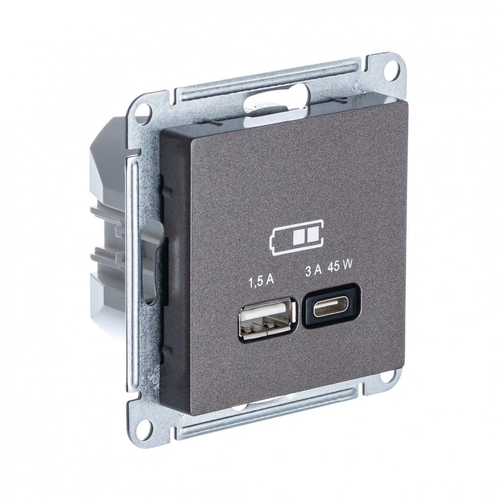  артикул ATN000629 название Розетка USB 2-ая Тип А+С 45 Вт (для подзарядки) , Мокко, серия Atlas Design, Schneider Electric