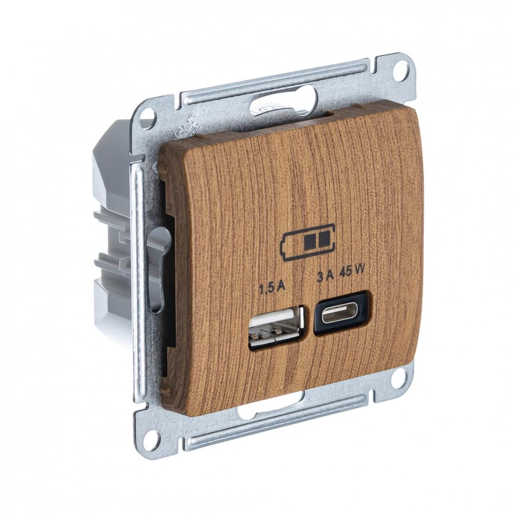  артикул GSL000529 название Розетка USB 2-ая Тип А+С 45 Вт (для подзарядки) , Дерево Дуб, серия Glossa, Schneider Electric