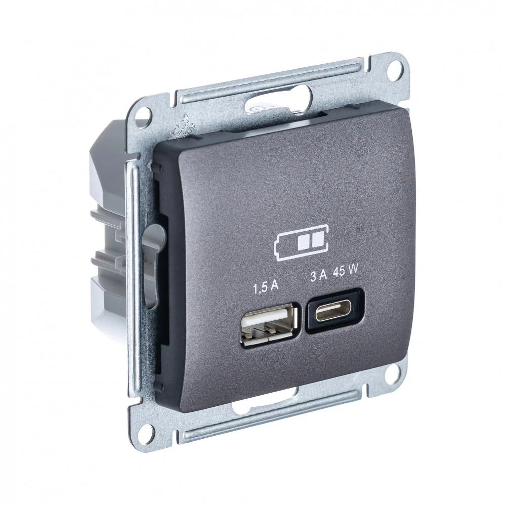  артикул GSL001329 название Розетка USB 2-ая Тип А+С 45 Вт (для подзарядки) , Графит, серия Glossa, Schneider Electric