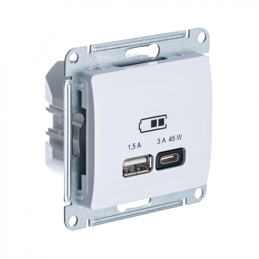  артикул GSL000129 название Розетка USB 2-ая Тип А+С 45 Вт (для подзарядки) , Белый, серия Glossa, Schneider Electric