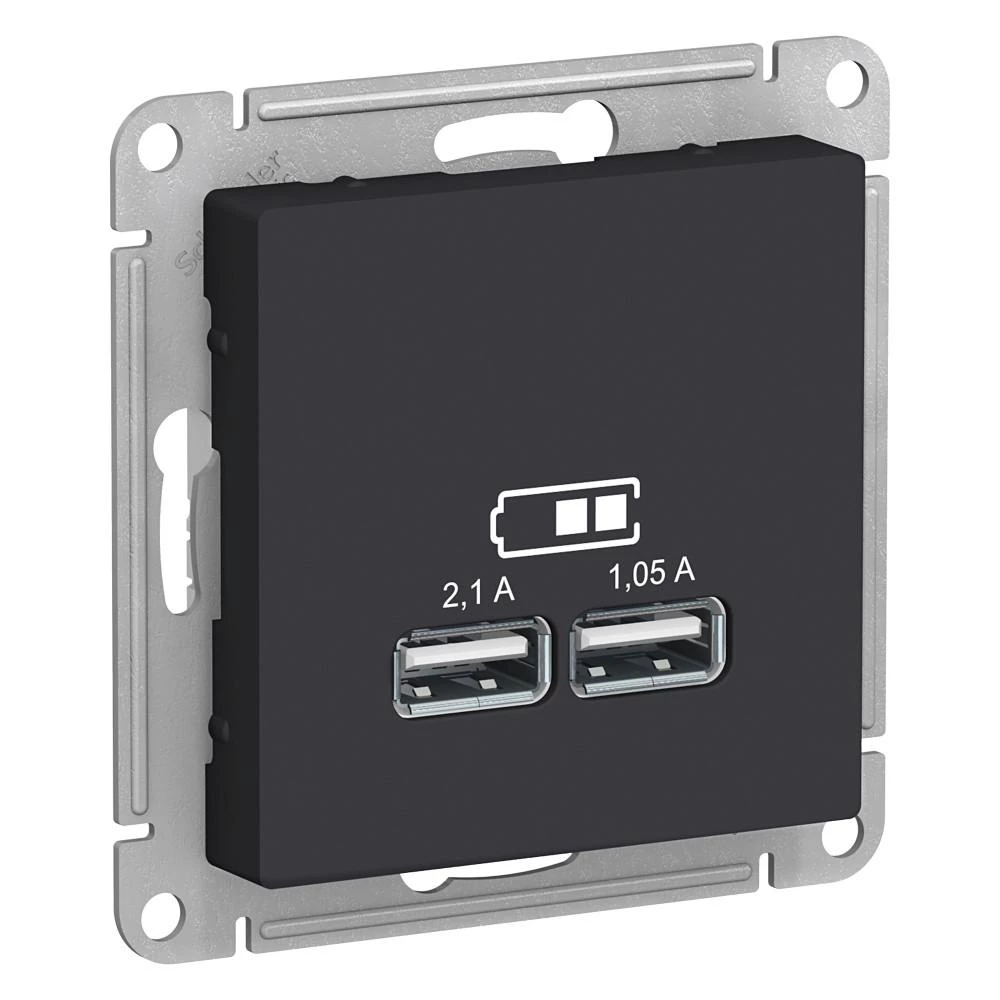  артикул ATN001033 название Розетка USB 2-ая 2100 мА (для подзарядки) , Карбон, серия Atlas Design, Schneider Electric