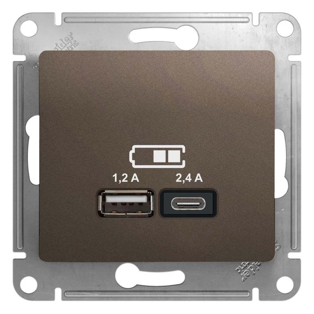  артикул GSL000839 название Розетка USB 2-ая Тип А+С, 2400 мА (для подзарядки) , Шоколад, серия Glossa, Schneider Electric