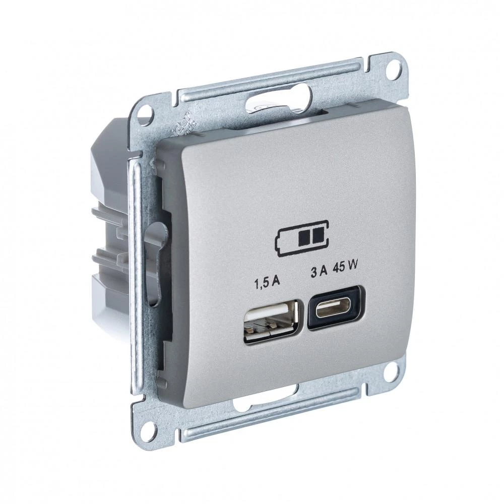  артикул GSL001229 название Розетка USB 2-ая Тип А+С 45 Вт (для подзарядки) , Платина, серия Glossa, Schneider Electric