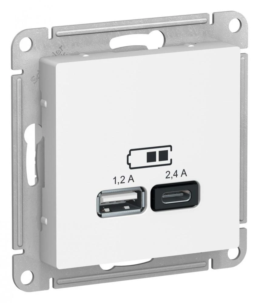  артикул ATN001339 название Розетка USB 2-ая Тип А+С, 2400 мА (для подзарядки) , Белый Лотос, серия Atlas Design, Schneider Electric