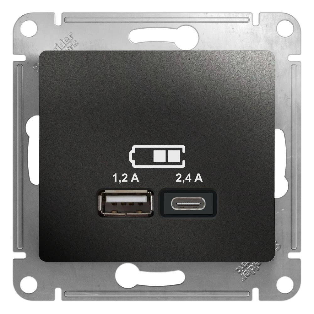  артикул GSL000739 название Розетка USB 2-ая Тип А+С, 2400 мА (для подзарядки) , Антрацит, серия Glossa, Schneider Electric